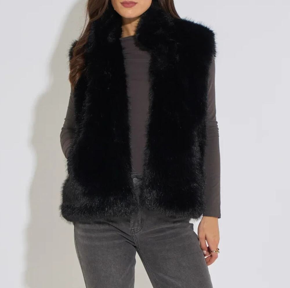 Original Nicole Miller Black Fur Reversible Vest Quilted Winter Outerwear Size S